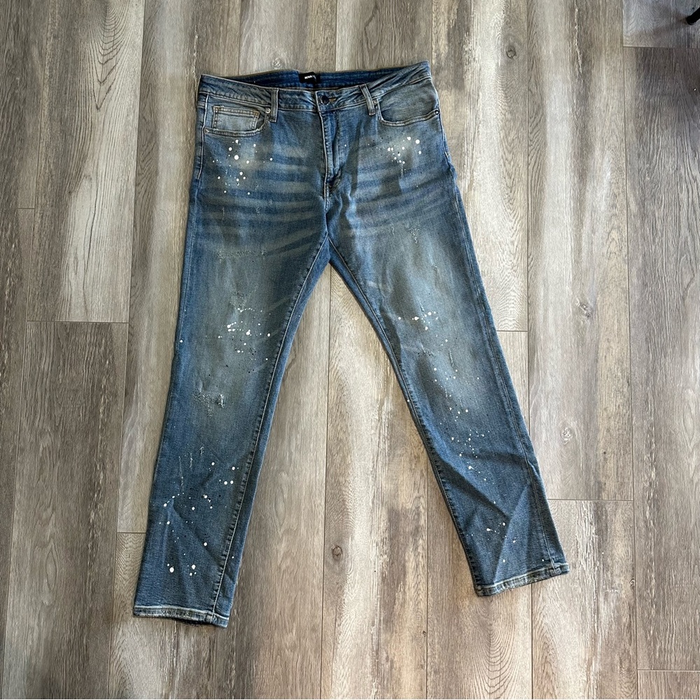 Nova Men Paint Splatter Indigo Wash Denim Jeans